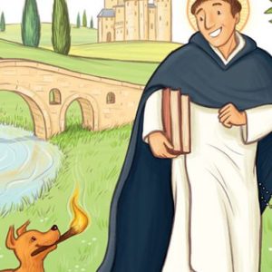 Telling children the story of St. Dominic, with help from man’s best friend