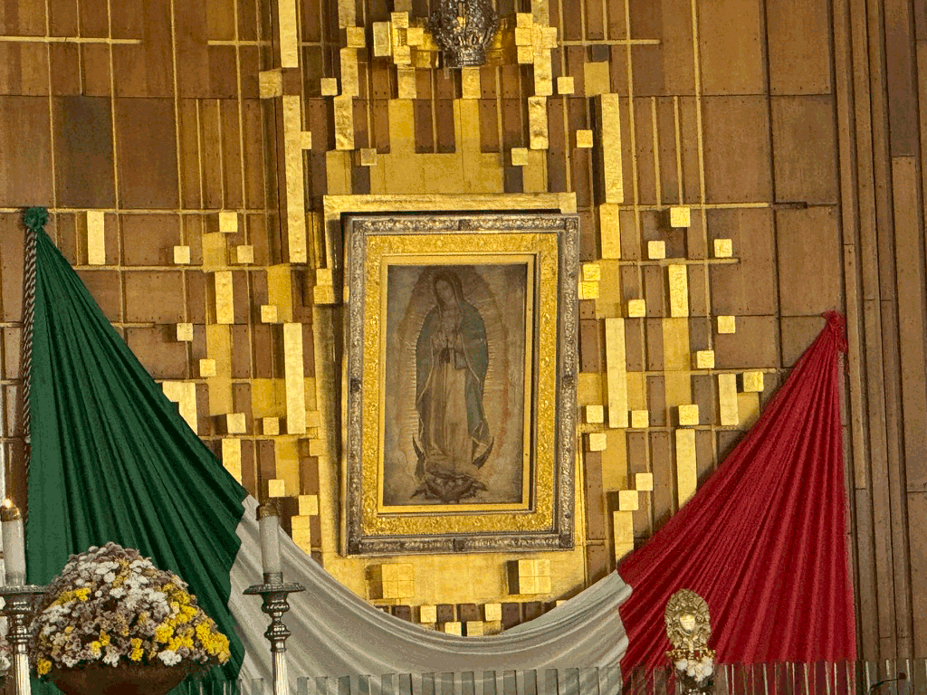 The image of Our Lady of Guadalupe displayed above the altar inside the Basilica