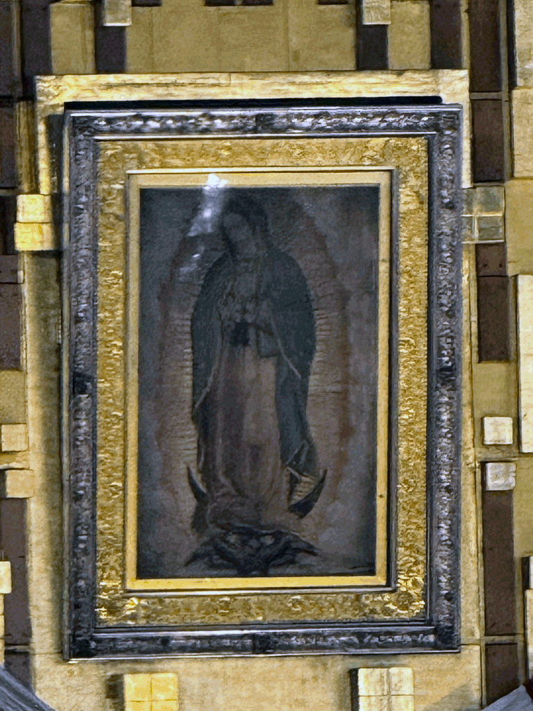 Close view of the framed image of Our Lady of Guadalupe inside the Basilica