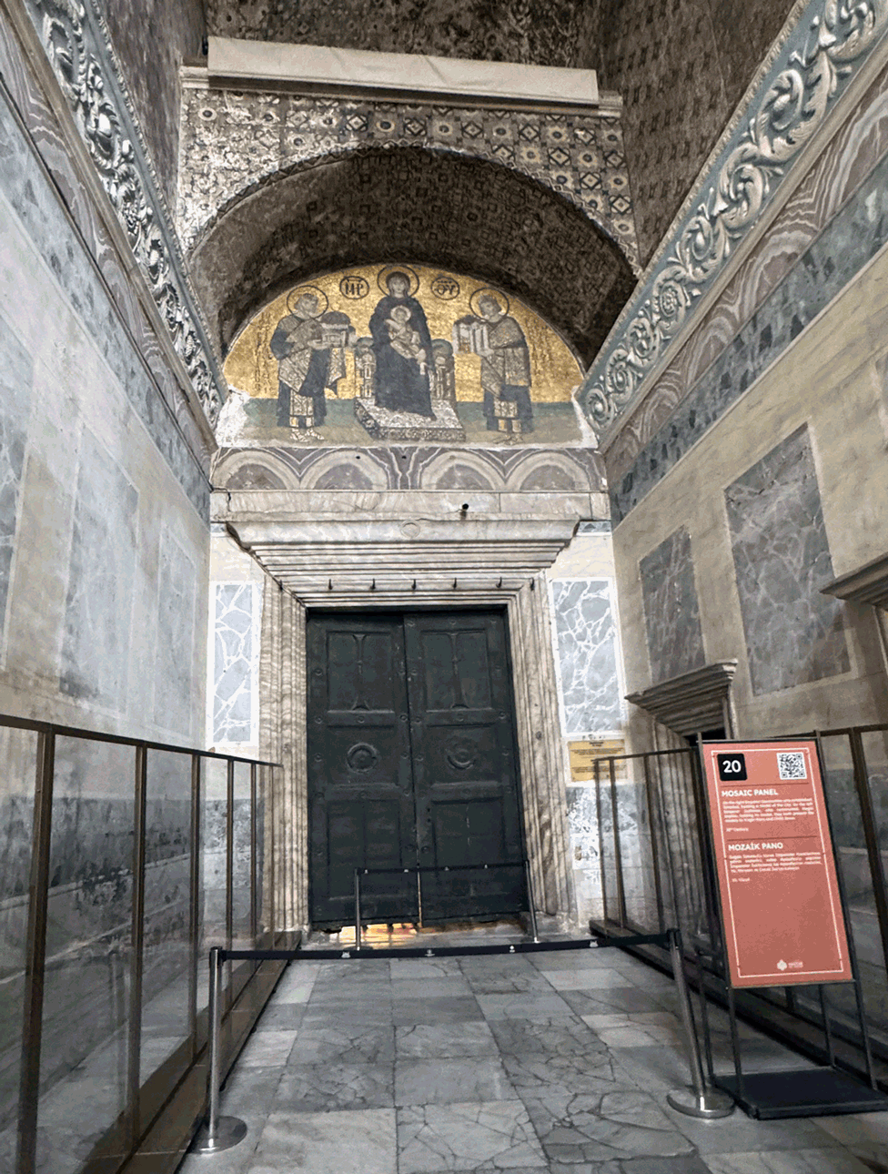 Mosaic above a doorway inside Hagia Sophia showing Mary and the Christ Child with two figures
