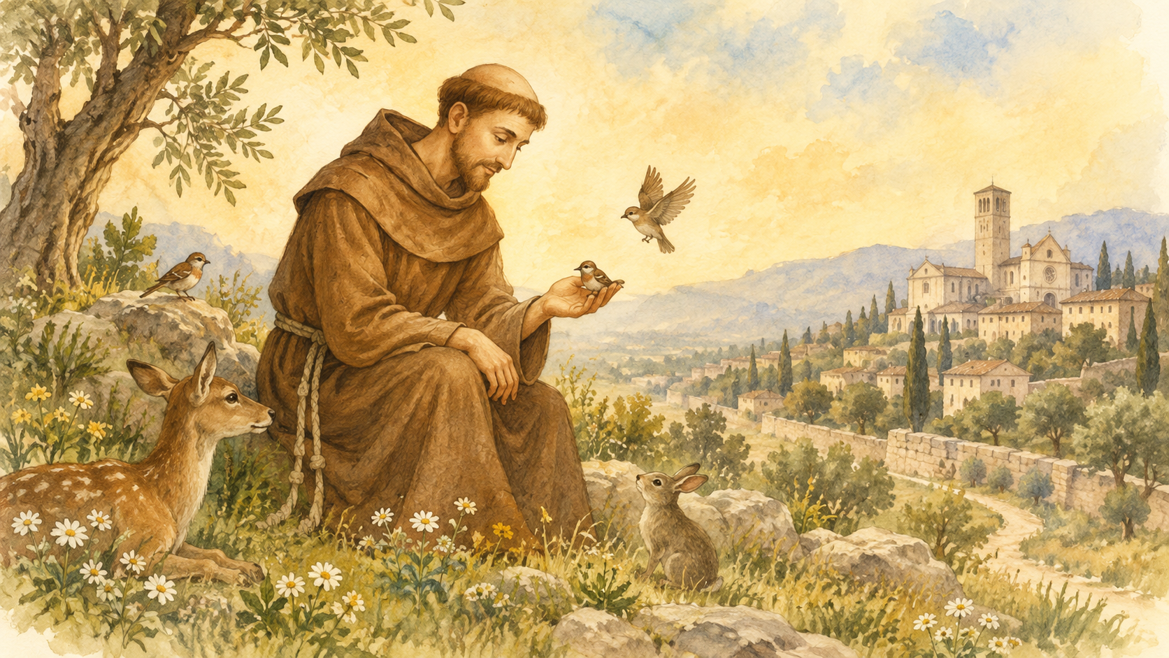 Watercolor illustration of Saint Francis of Assisi with birds and woodland creatures near Assisi